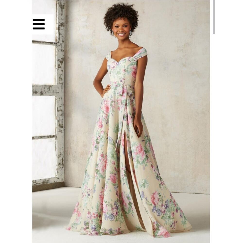 Morilee Floral Formal Gown 14 Off Shoulder Chiffon Cream Pink Special Occasion